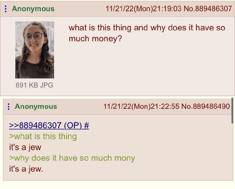 Что это за вещь и почему у неё так много денег Мем с 4chan, где анонимный пользователь спрашивает, что за человек изображен на фото и почему у него так много денег, на что другой анонимный пользователь отвечает:
«это еврей, потому что это еврей».