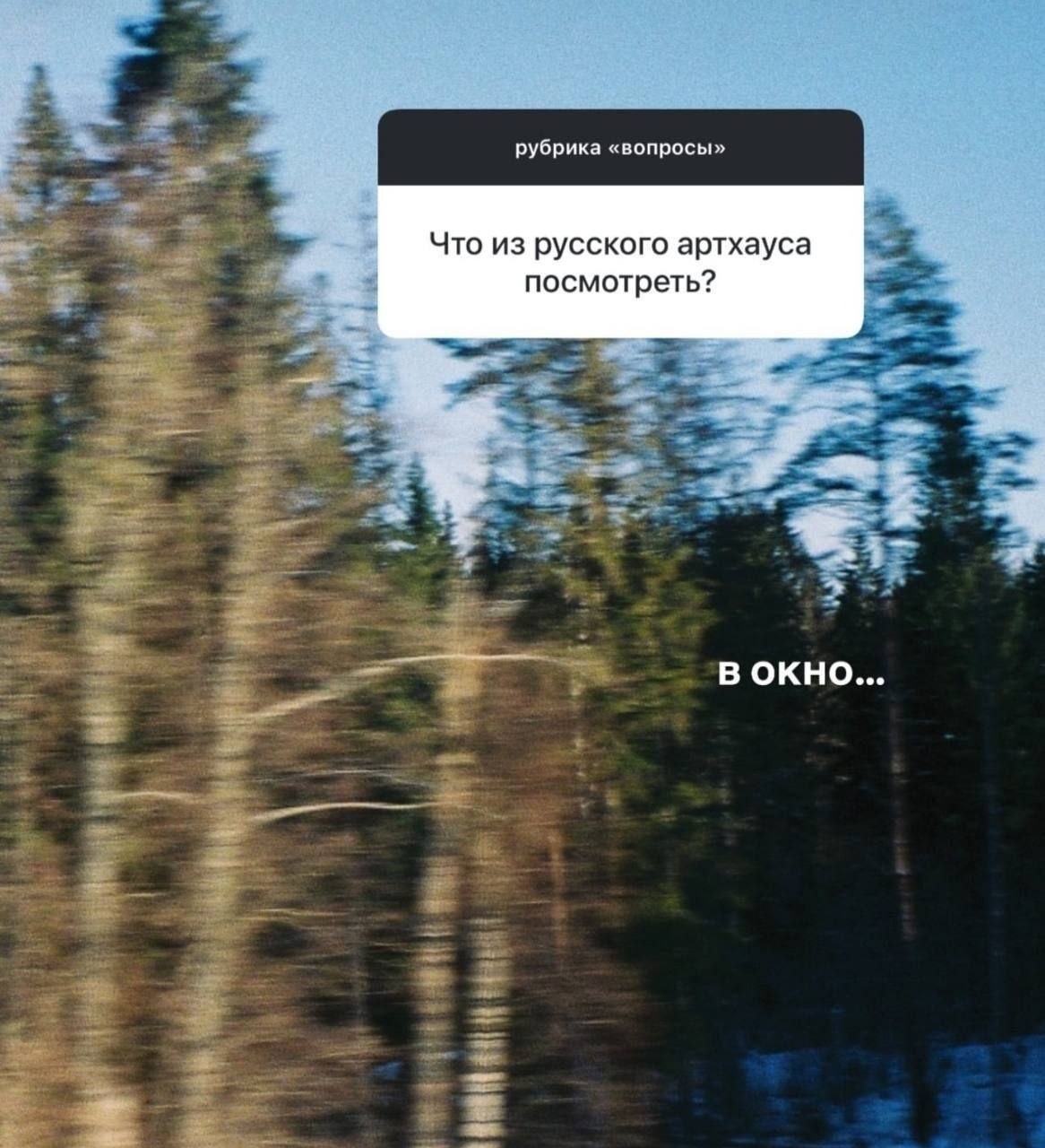 Ироничный мем с вопросом о русском артхаусе и ответом «В окно…» на фоне размытого леса.