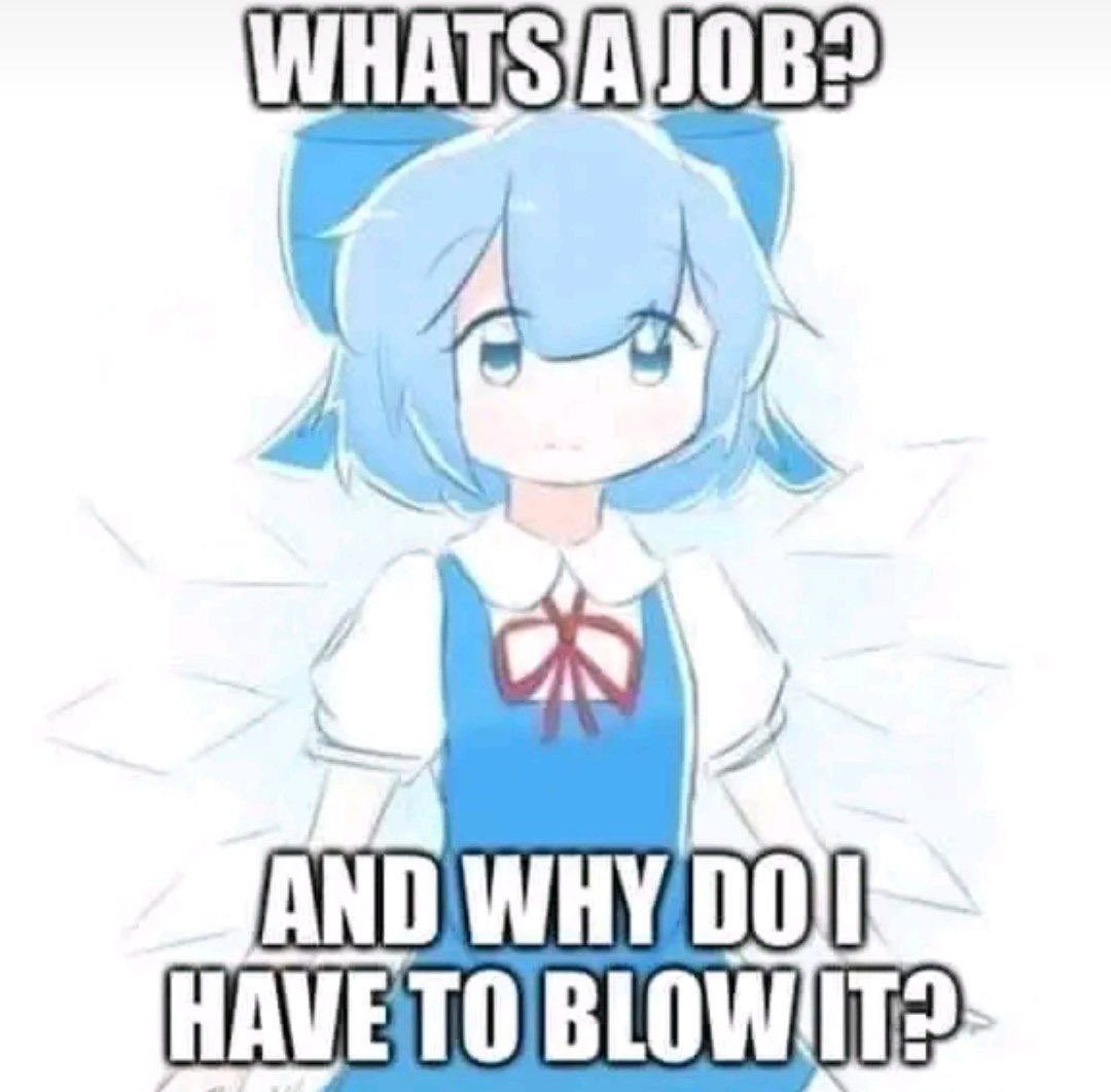 Whats a job? And why do I have to blow it? Милый аниме-персонаж в голубом платье с бантом и крыльями задаёт вопрос про работу