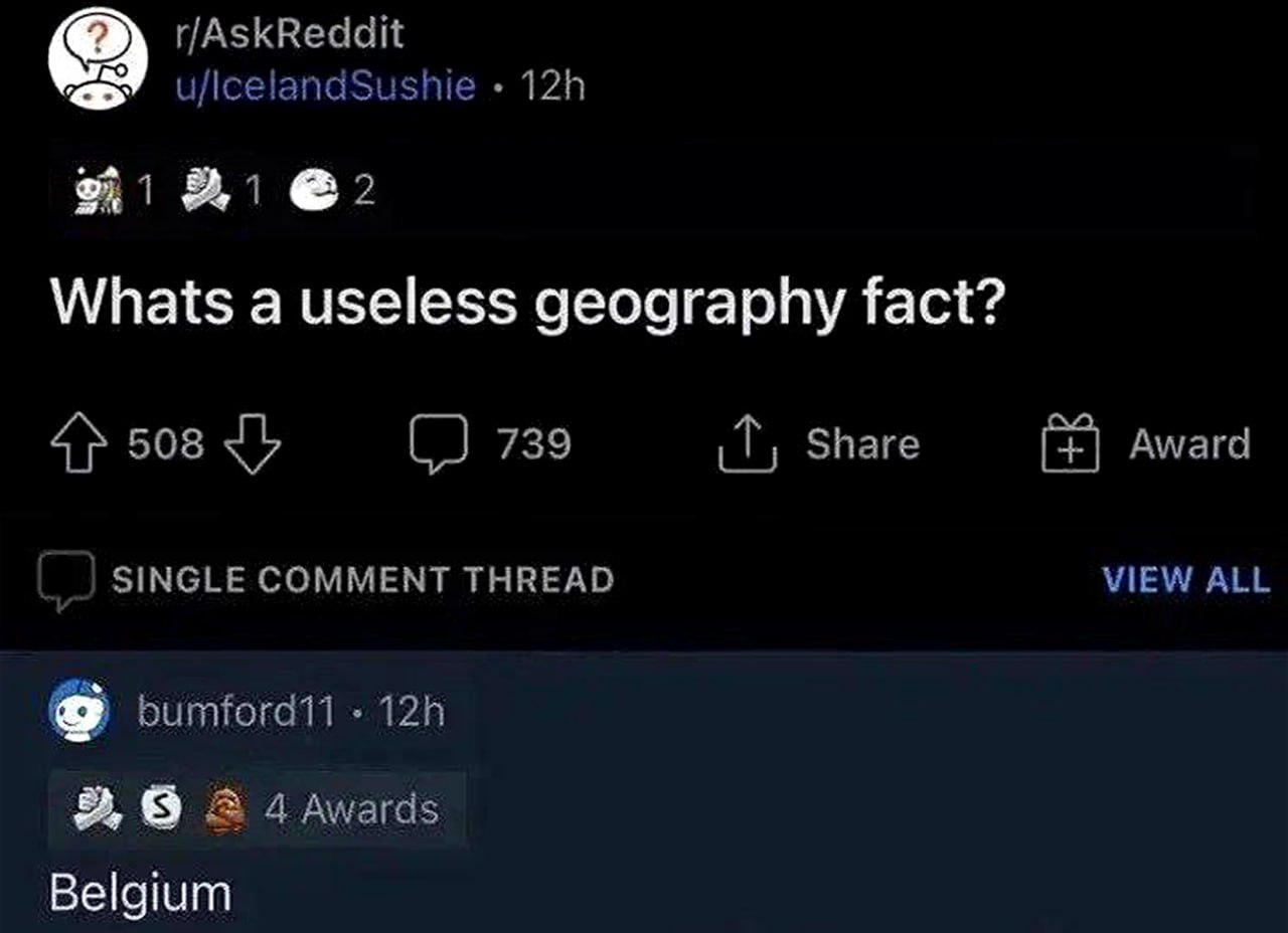 Whats a useless geography fact Belgium Мем с Reddit, где пользователь просит назвать бесполезный географический факт, а в ответ получает слово "Бельгия".