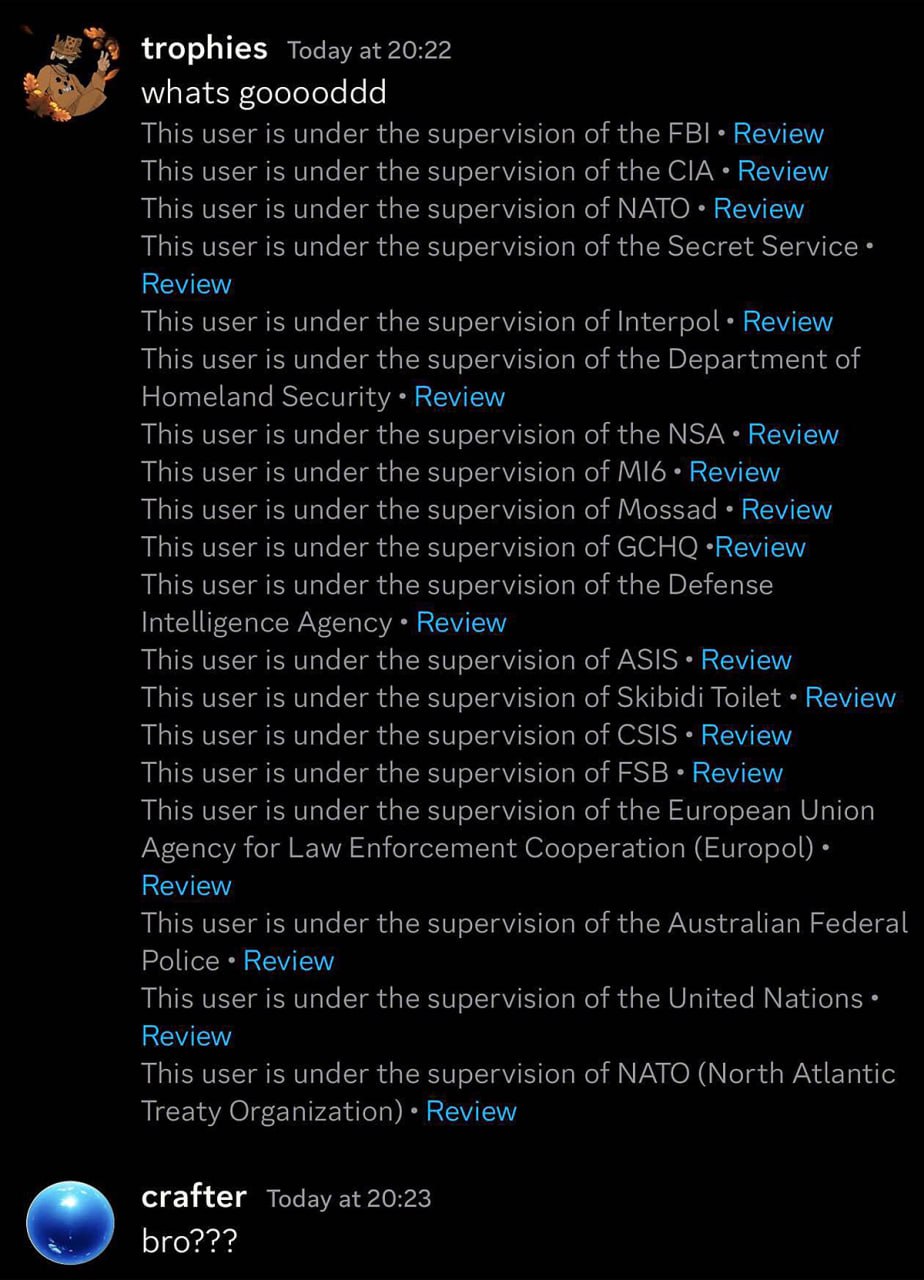 Whats goooddd this user is under the supervision of FBI Пользователь находится под наблюдением ФБР, ЦРУ, НАТО, Секретной службы, Интерпола, АНБ, МИ6, Моссада, ФСБ и других спецслужб