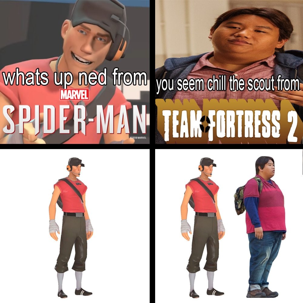 Whats up ned from Spider-man vs Scout from Team Fortress 2 Мем, где персонажи из разных вселенных — Нед из «Человека-паука» и Скаут из Team Fortress 2 — сравниваются, а их реплики создают комический диалог.
