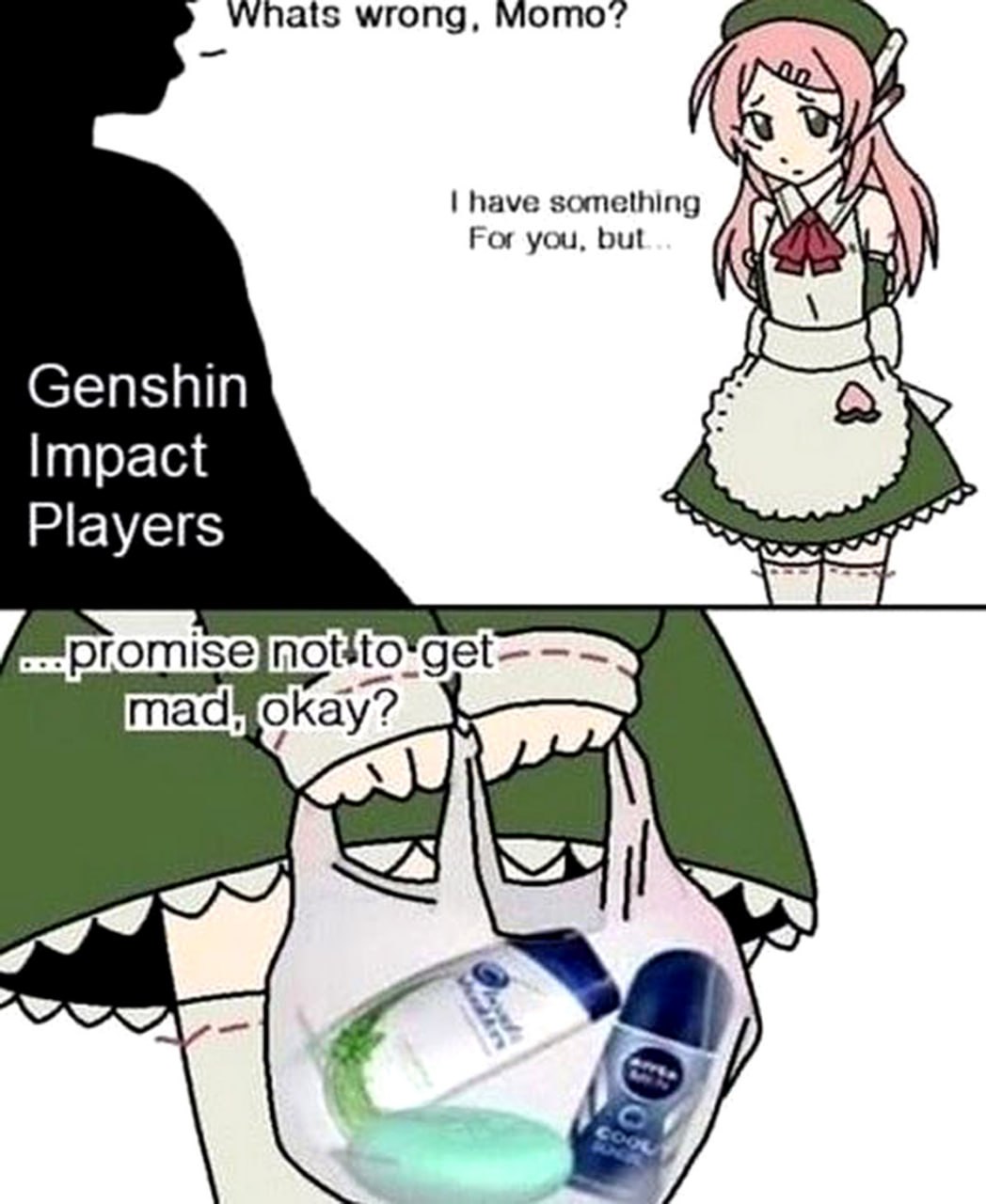 Whats wrong, Momo? Genshin Impact Players Мем, где девушка в форме горничной, которую зовут Момо, дарит игрокам Genshin Impact средства личной гигиены.