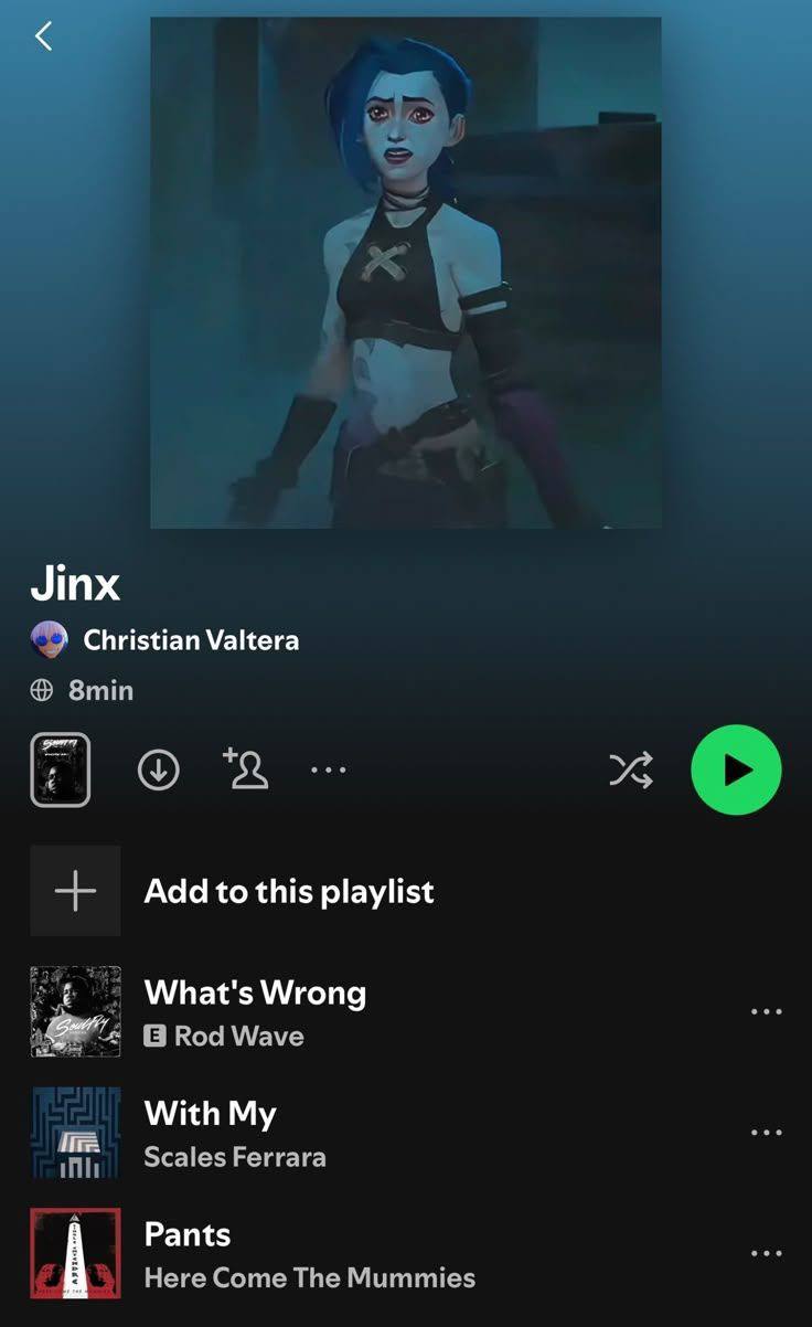 Что не так с моими штанами Jinx Мем со скриншотом из Spotify, где на фоне Джинкс из «Аркейна» играет плейлист из песен «What’s Wrong», «With My» и «Pants»