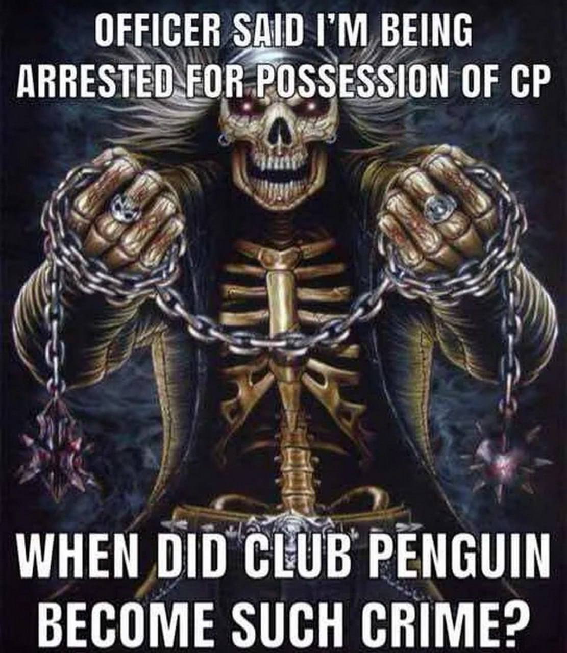 Когда Club Penguin стал преступлением Мем с черепом в цепях, который не понимает, почему его арестовали за Club Penguin.