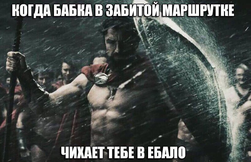 Когда бабка в забитой маршрутке чихает тебе в ебало Мем с кадром из фильма «300 спартанцев», где Леонид выглядит очень суровым и сосредоточенным, а текст сверху и снизу описывает бытовую ситуацию.