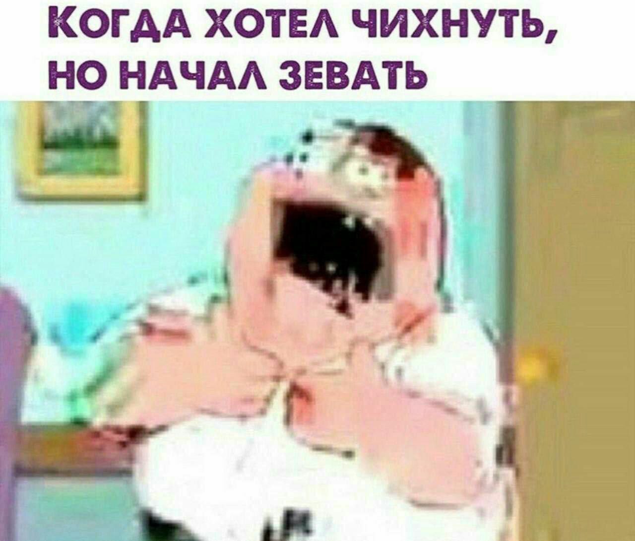 Когда хотел чихнуть, но начал зевать На картинке изображен Питер Гриффин, который держится за голову, широко раскрыв рот, как будто он не может чихнуть, а вместо этого начал зевать.
