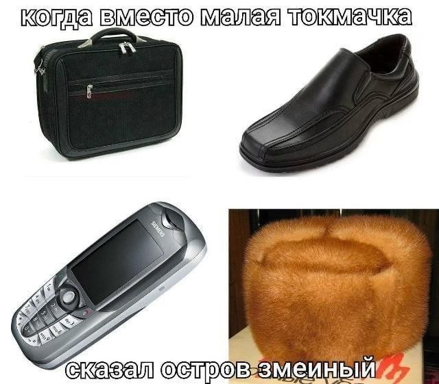 Мем о том, как вместо «Малая Токмачка» сказали «Остров Змеиный», с изображениями сумки, туфли, телефона и меховой шапки.