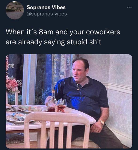 When it's 8am and your coworkers are already saying stupid shit Тони Сопрано и его реакция на коллег в 8 утра, которые уже несут чушь