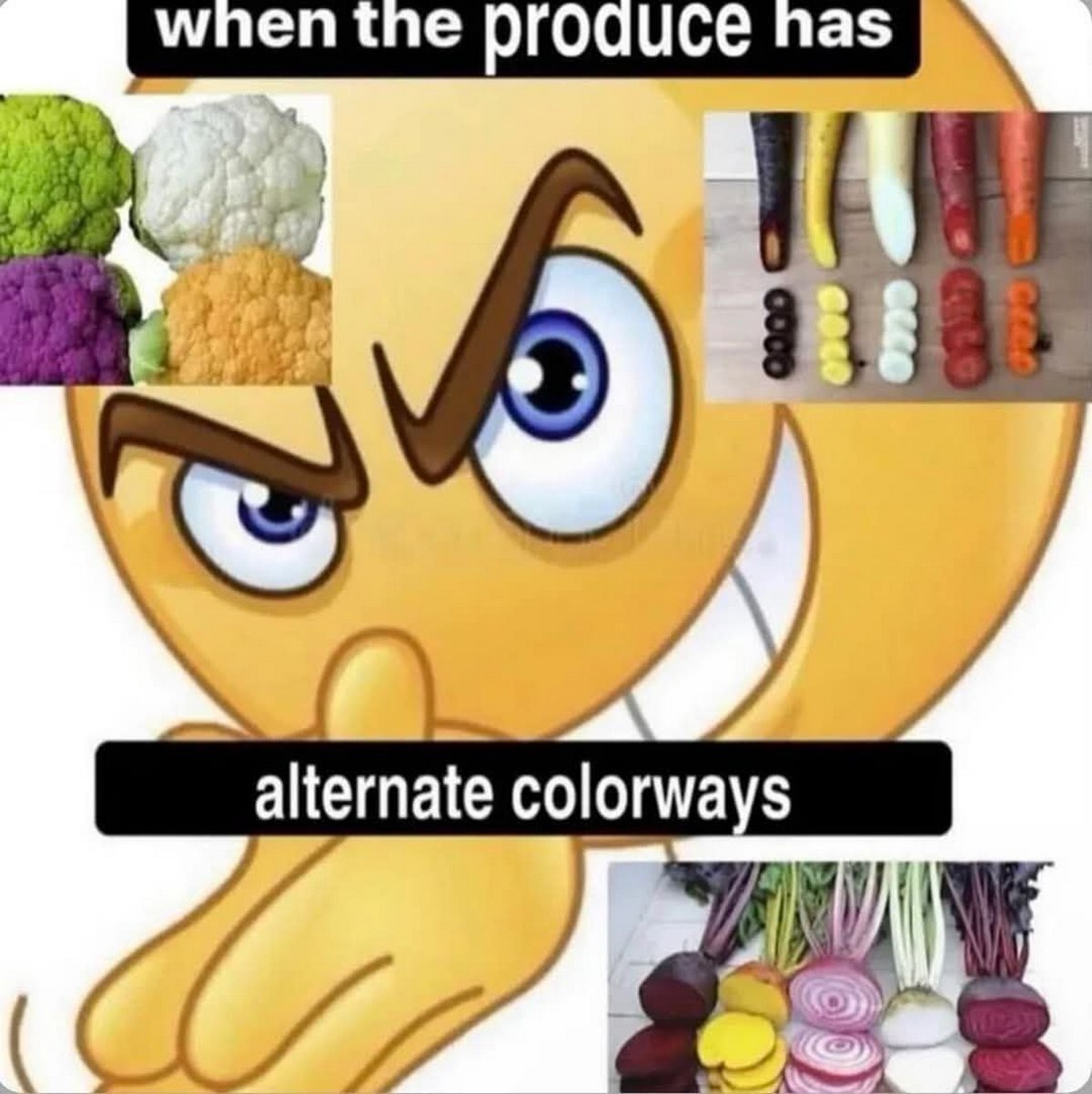 When the produce has alternate colorways Мем с эмодзи "задумчивое лицо" и фотографиями разноцветных овощей, таких как цветная капуста, морковь и свекла.