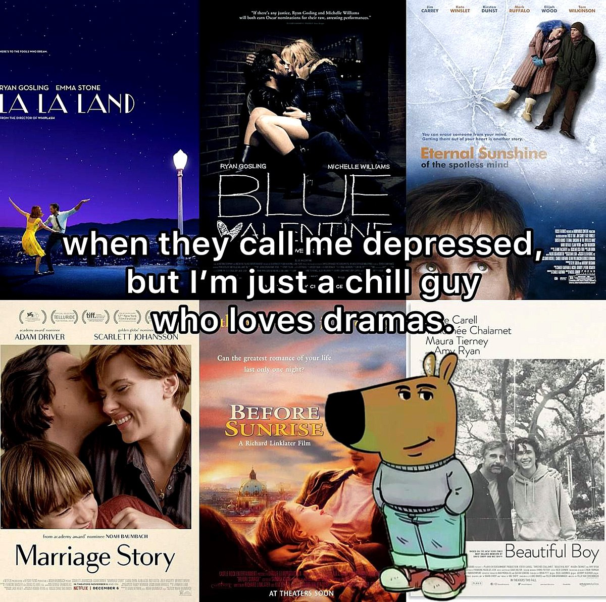When they call me depressed, but I'm just a chill guy who loves dramas Мем с фразой "When they call me depressed, but I'm just a chill guy who loves dramas" на фоне постеров драматических фильмов и Скрэппи-Ду.