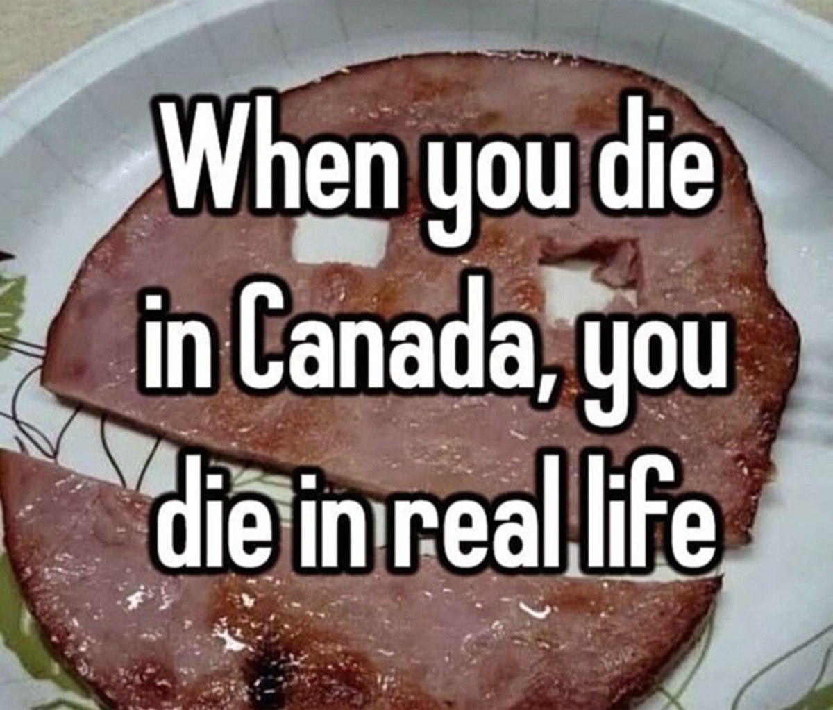 When you die in Canada, you die in real life Мем с куском бекона или ветчины, на котором вырезаны отверстия, напоминающие лицо, и надписью «When you die in Canada, you die in real life».