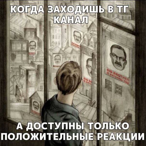 Когда заходишь в ТГ канал, а доступны только положительные реакции Мем с человеком, смотрящим в окно, на котором висят плакаты с изображением Большого Брата, и подписью: «Когда заходишь в ТГ канал, а доступны только положительные реакции»