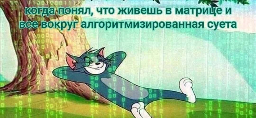 Когда понял, что живешь в матрице Мем с котом Томом, который расслабленно лежит на траве, когда понял, что живет в матрице и все вокруг алгоритмизированная суета.