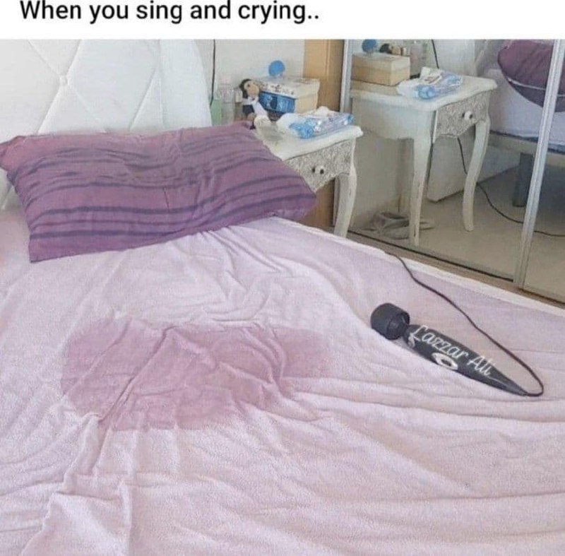 Когда поешь и плачешь с вибратором Мем с надписью "When you sing and crying..", пятном на простыне и вибратором вместо микрофона.