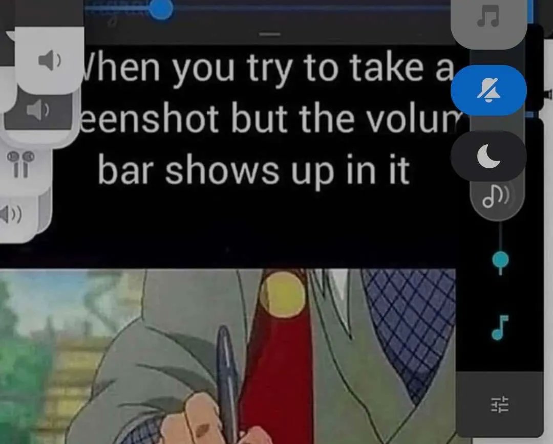 Когда пытаешься сделать скриншот Мем с надписью «When you try to take a screenshot but the volume bar shows up in it» и появляющейся шкалой громкости
