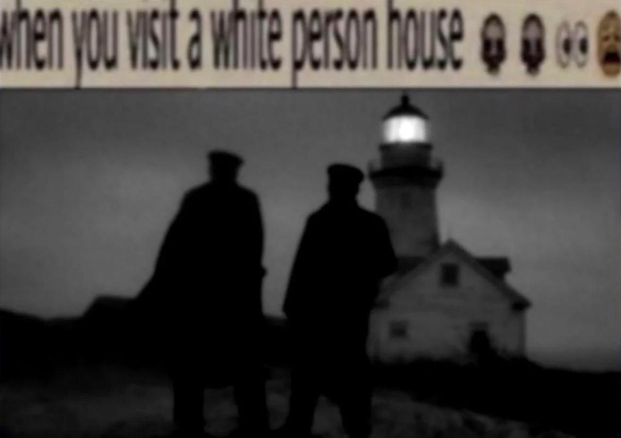When you visit a white person house Мем с двумя силуэтами людей на фоне маяка и текстом "When you visit a white person house"