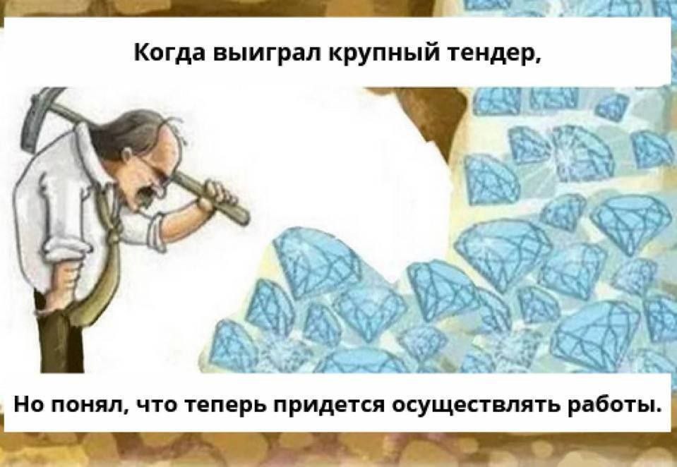 Когда выиграл крупный тендер, но понял, что придется осуществлять работы Мужчина, похожий на старателя, с киркой в руке стоит над горой алмазов, и подпись: "Когда выиграл крупный тендер, но понял, что теперь придется осуществлять работы"