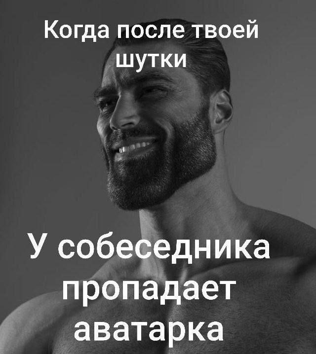 Когда после твоей шутки у собеседника пропадает аватарка Мем с гигачадом, который улыбается после того, как у собеседника пропала аватарка после его шутки.