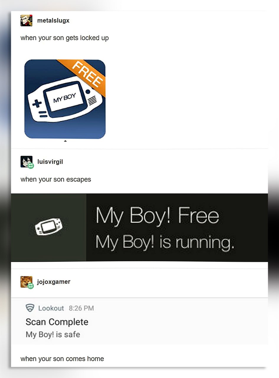 When your son gets locked up Мем с названиями событий и скриншотами приложения My Boy! Free, где My Boy! означает сына