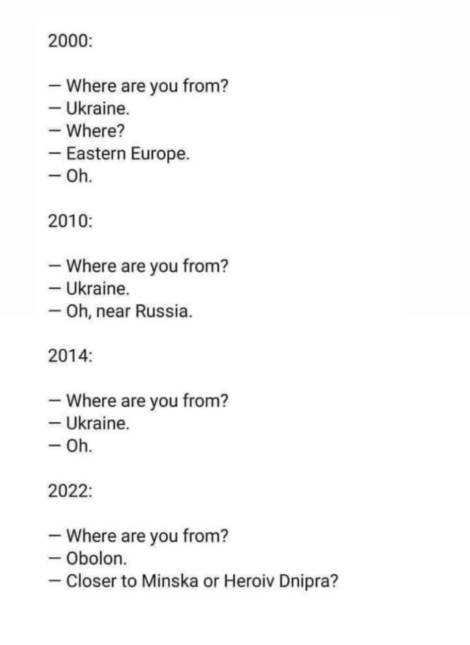 Откуда ты Украина по годам Мем с текстом "Откуда ты? Украина" и изменением ответов по годам: 2000, 2010, 2014, 2022