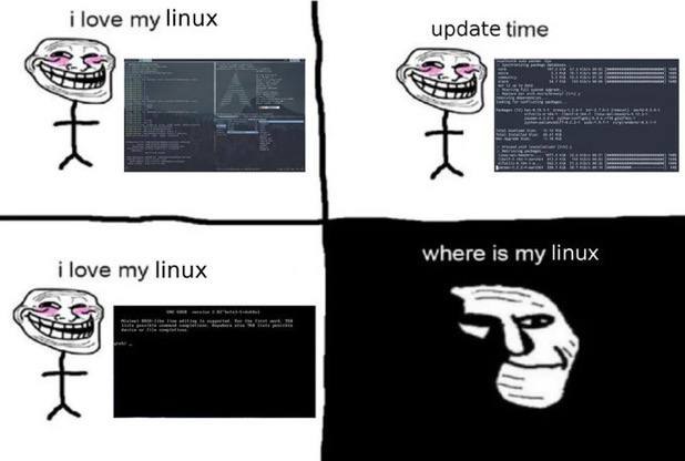 Where is my Linux Trollface счастлив со своим Linux, но после обновления задается вопросом: "Где мой Linux?".
