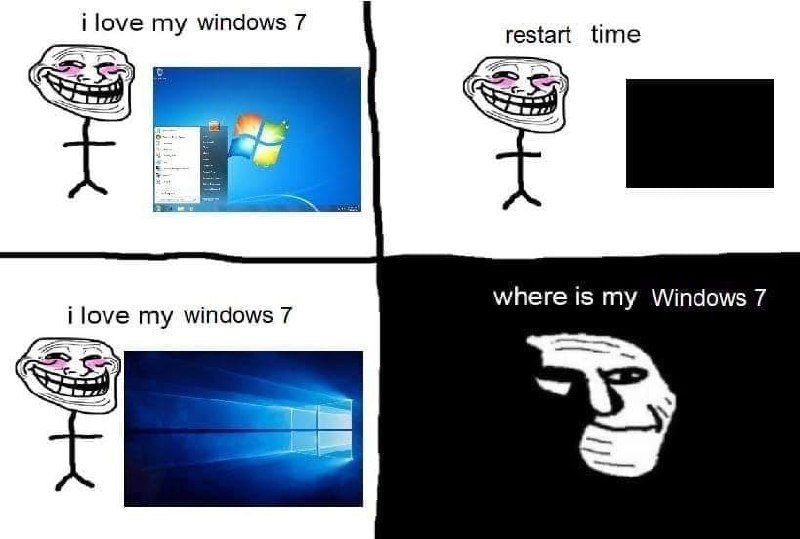 Где моя Windows 7 Мем про тролльфейс и пропажу Windows 7 после перезагрузки