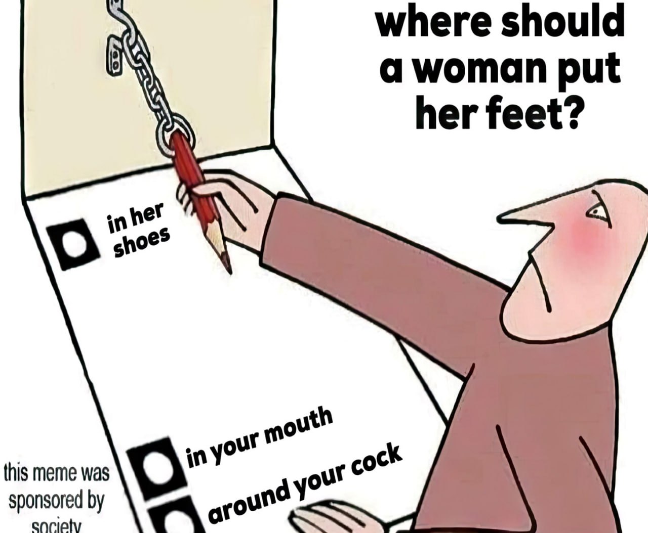 Where should a woman put her feet Мужчина зачеркивает вариант ответа куда женщина должна ставить свои ноги