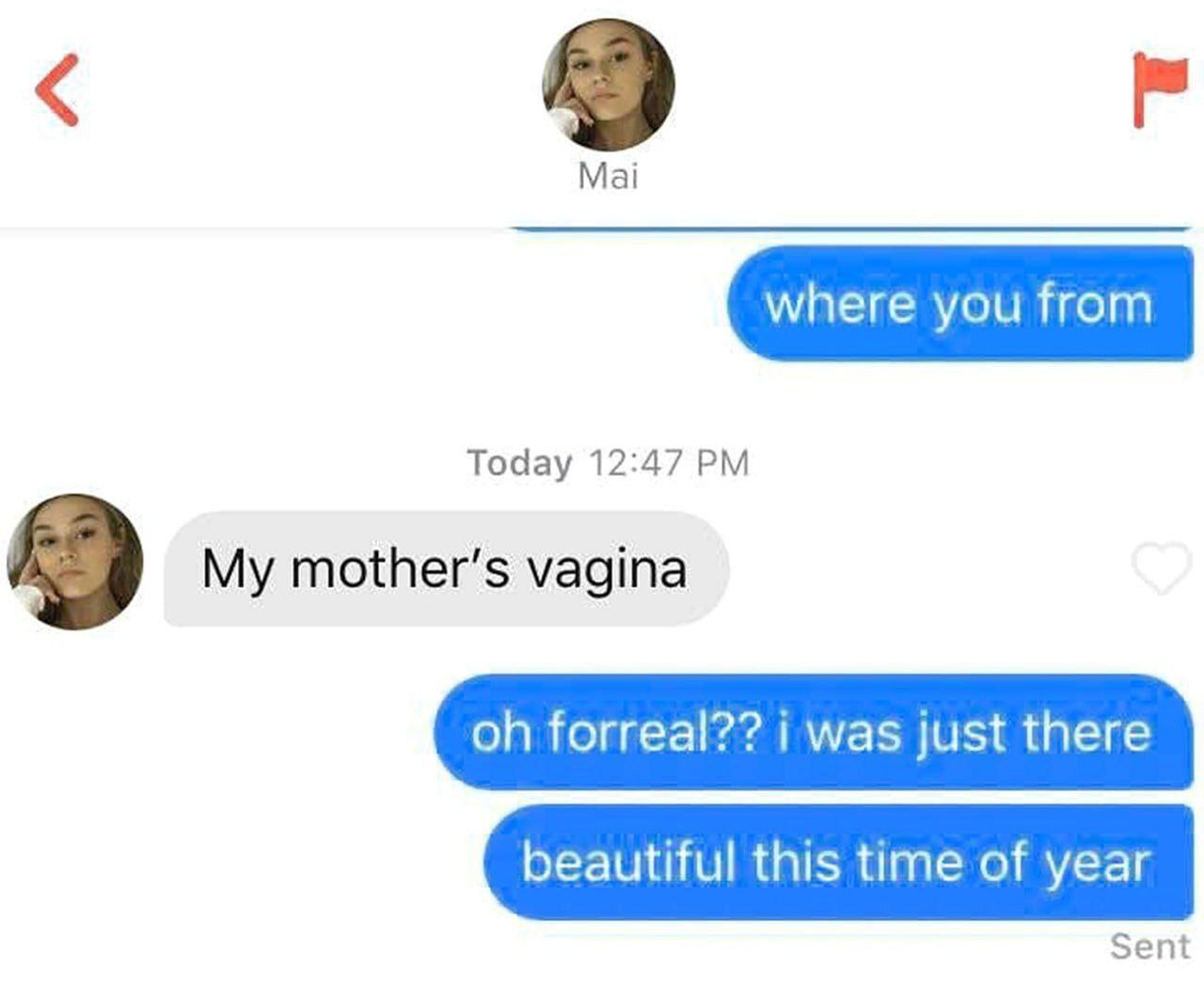 Where you from my mother's vagina Переписка в чате, где парень спрашивает девушку Май, откуда она, а девушка отвечает: «Из влагалища моей матери». Парень отвечает: «О, правда? Я только что был там. Красиво в это время года».