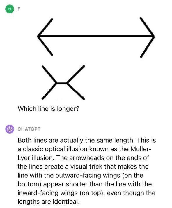 Which line is longer Мем, где пользователь задает вопрос о длине двух линий с разными стрелками, и ChatGPT объясняет оптическую иллюзию Мюллера-Лайера.