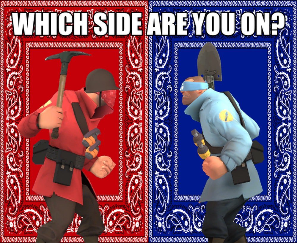 Which side are you on? Мем с вопросом "Which side are you on?", разделенный на красную и синюю стороны с персонажами из Team Fortress 2.