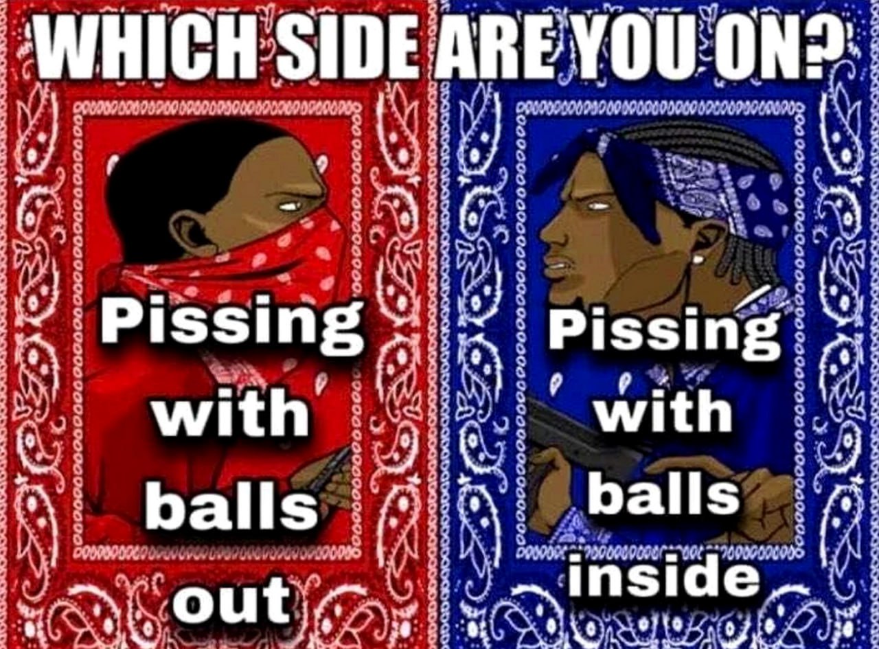 Which side are you on? Pissing with balls out vs Pissing with balls inside Мем "На чьей ты стороне?" с двумя мужчинами, один из которых задает вопрос о способе мочеиспускания: с выпущенными яичками или с убранными внутрь