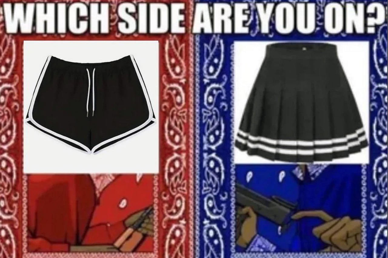 Which side are you on? Шорты или юбка Мем, где пользователь задаёт вопрос "Which side are you on?" и предлагает выбрать между шортами и юбкой.