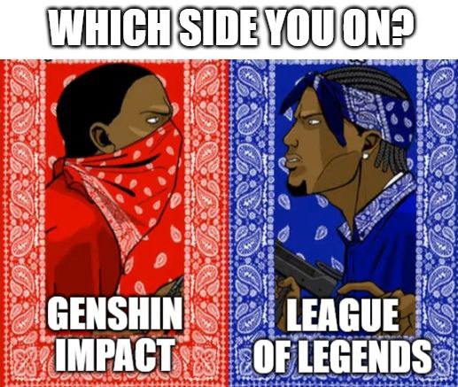 На чьей ты стороне? Genshin Impact против League of Legends Мем с двумя мужчинами, один из которых представляет Genshin Impact, а другой - League of Legends, и подписью «На чьей ты стороне?»
