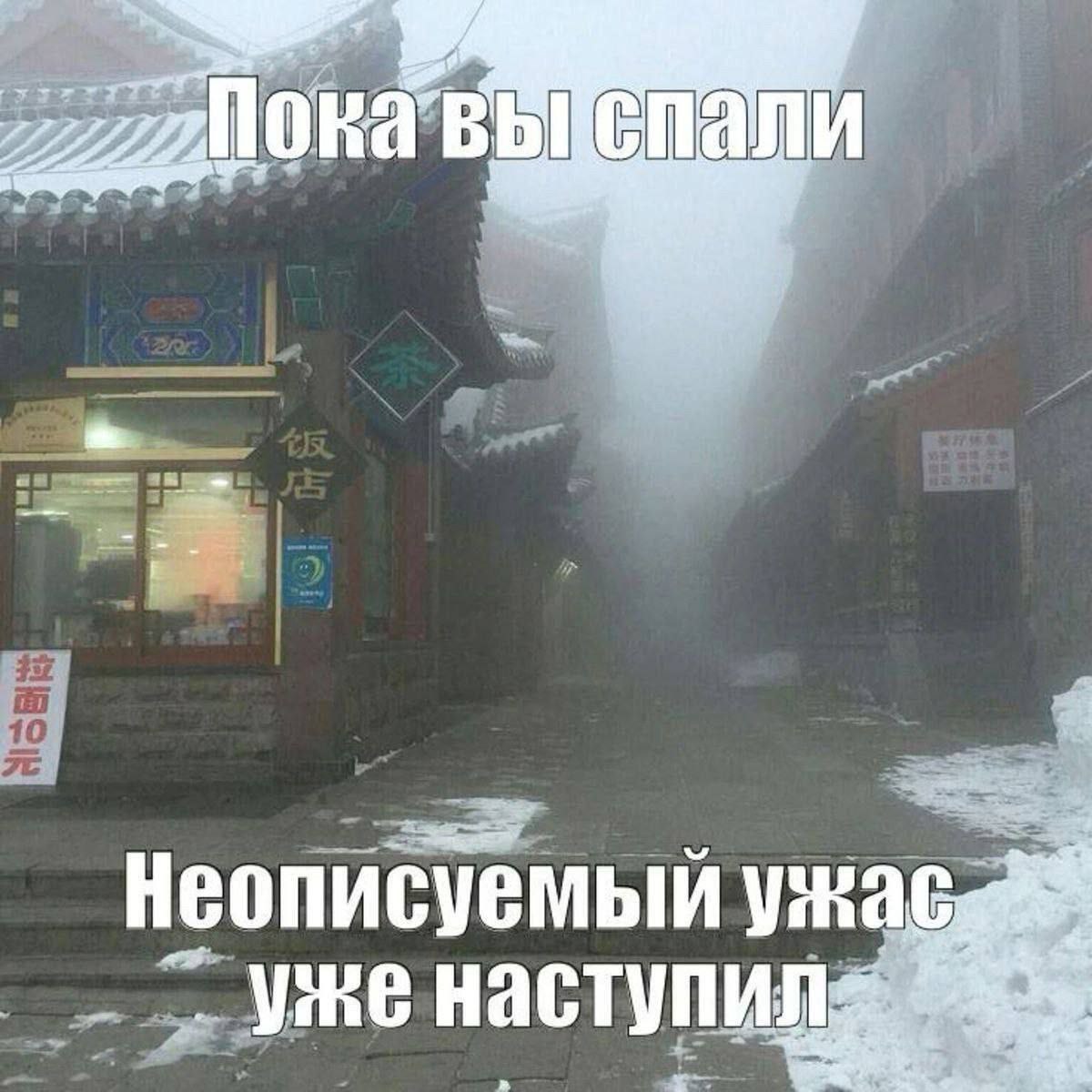 Пока вы спали, неописуемый ужас уже наступил Мем с туманной улицей, покрытой снегом, и надписью «Пока вы спали, неописуемый ужас уже наступил»