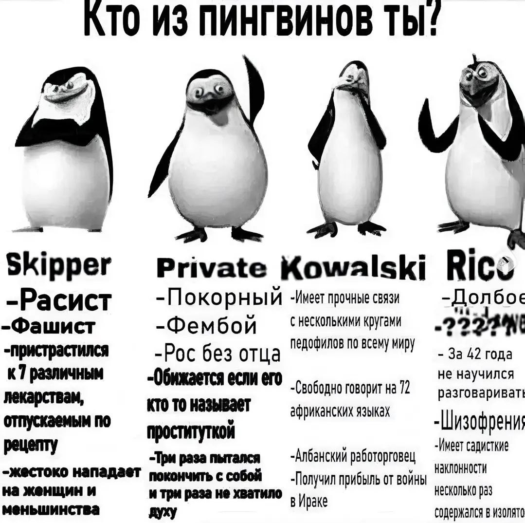 Кто из пингвинов ты Мем с персонажами из «Мадагаскара» и их неожиданными характеристиками: Шкипер-расист, Рядовой-фембой, Ковальски-работорговец, Рико-шизофреник.
