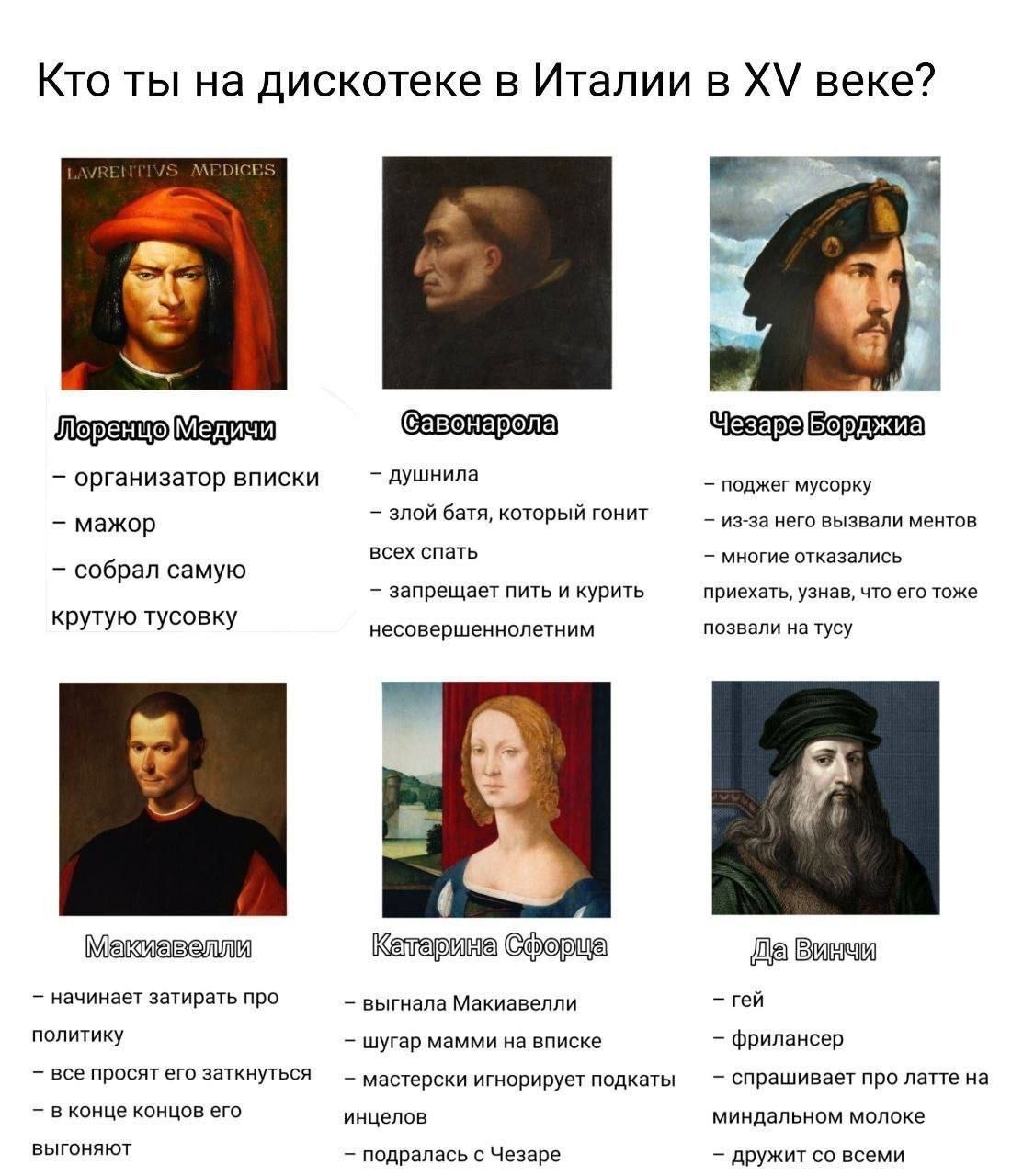 Кто ты на дискотеке в Италии в XV веке: Лоренцо Медичи, Савонарола, Чезаре Борджиа, Макиавелли, Катарына Сфорца или Леонардо да Винчи?