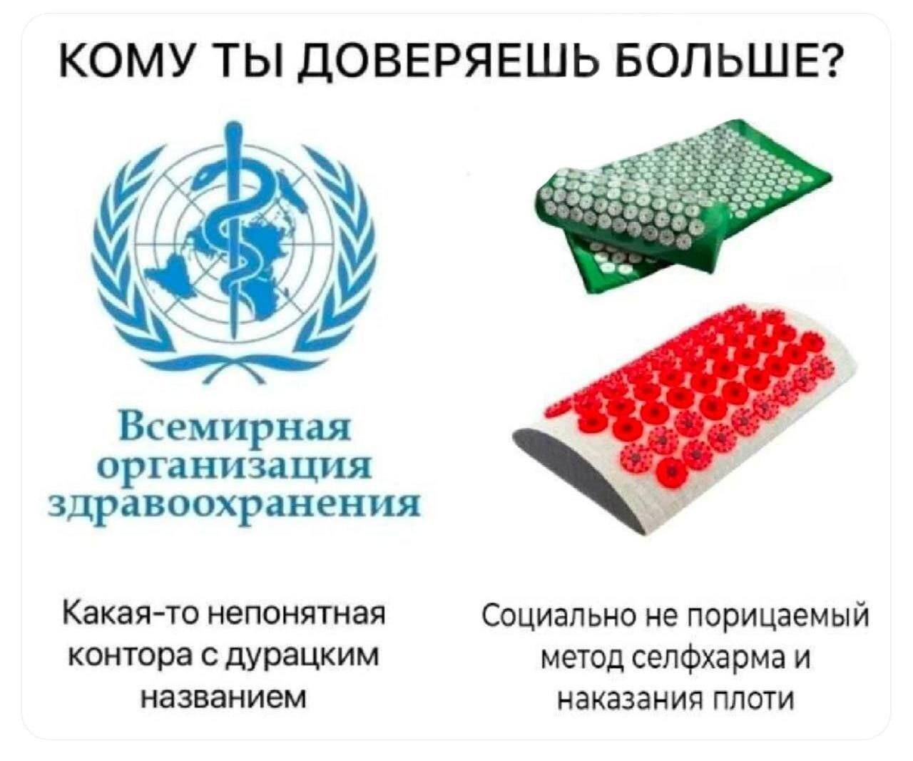Кому ты доверяешь больше: ВОЗ или аппликатору Кузнецова Мем "Кому ты доверяешь больше?" сравнивает Всемирную организацию здравоохранения с аппликаторами Кузнецова для акупунктуры