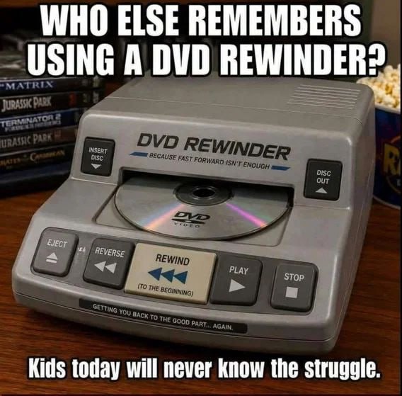 Ностальгический мем о DVD Rewinder и времени, когда диски приходилось перематывать отдельным устройством