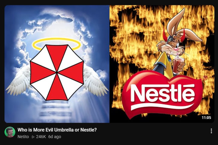 Сравнение Umbrella и Nestlé: логотип Umbrella в образе ангела против Nestlé на фоне огня и кролика Квики.