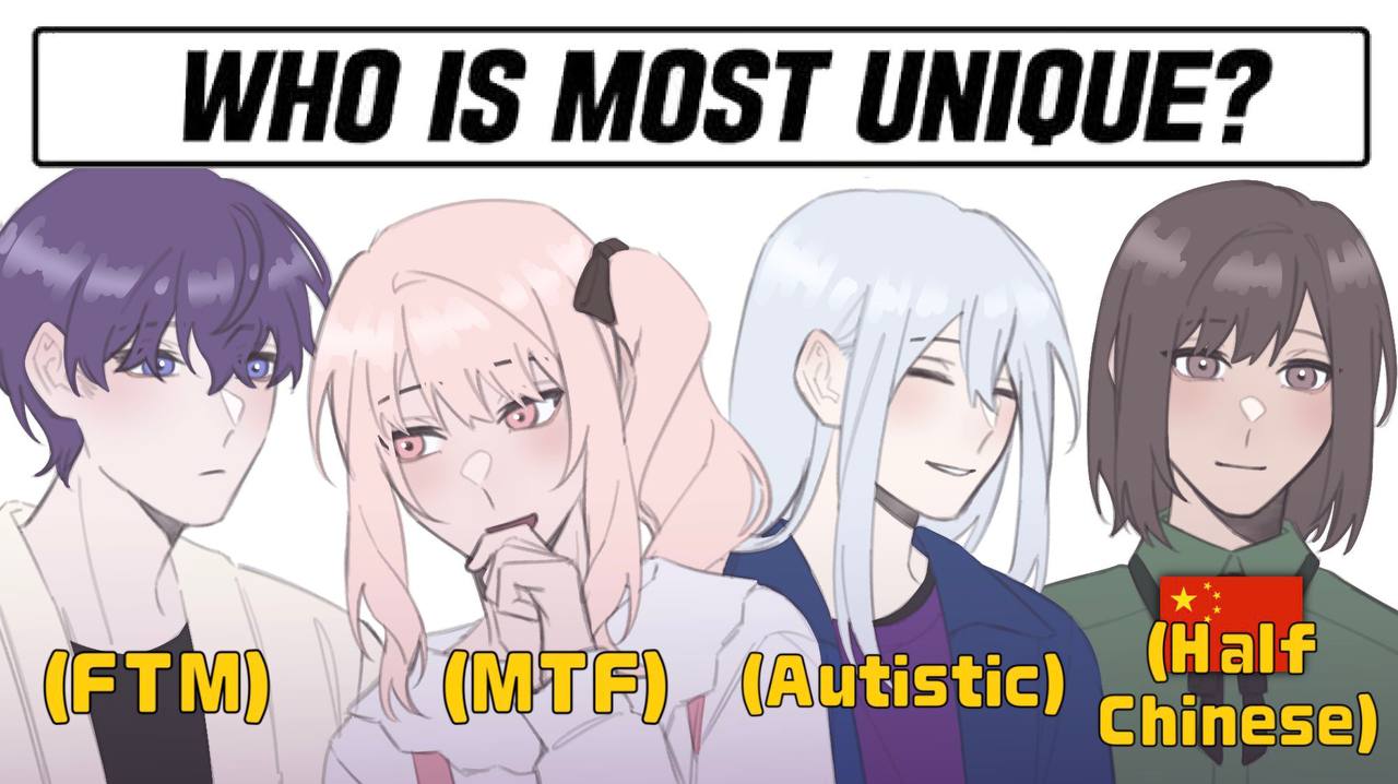 Аниме-персонажи с подписями FTM, MTF, Autistic и Half Chinese соревнуются за звание самого уникального.