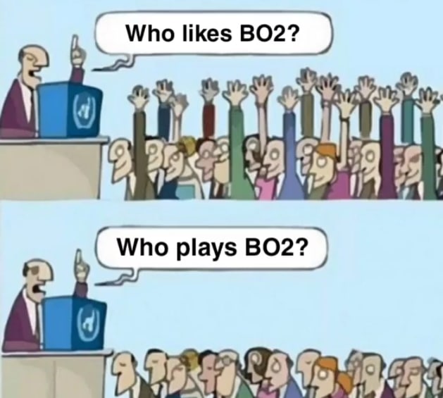 Кто любит BO2 против кто играет в BO2 Оратор спрашивает, кто любит BO2, и почти все поднимают руки, а затем спрашивает, кто играет в BO2, и никто не поднимает руки.