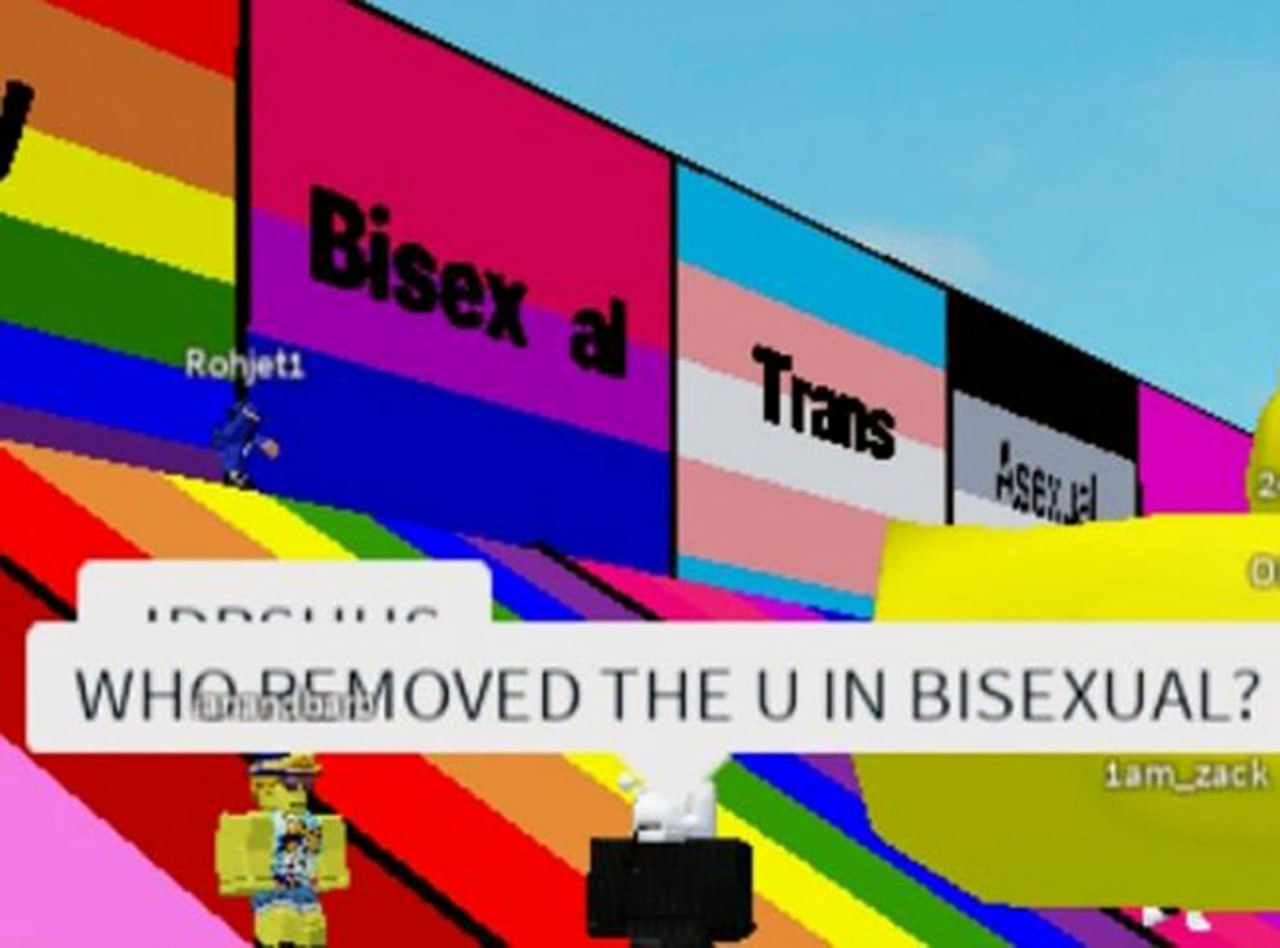 Who removed the u in bisexual Мем из игры Roblox, где игрок спрашивает, кто убрал букву 'U' из слова 'Bisexual', которое написано на радужном флаге.