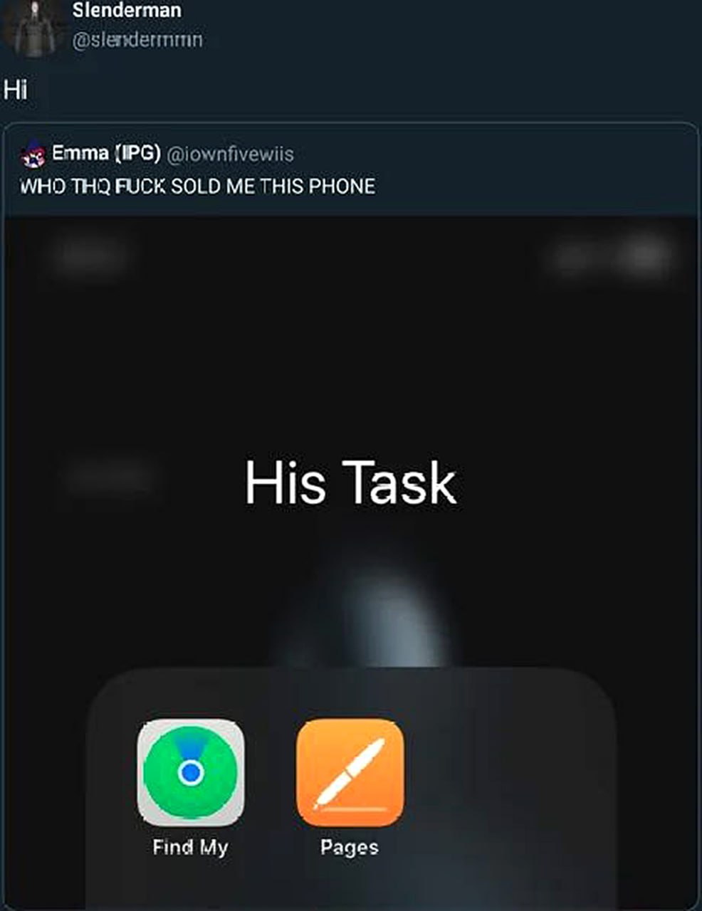 WHO THQ FUCK SOLD ME THIS PHONE Мем с перепиской Слендермена и Эммы о его задании и телефоне.