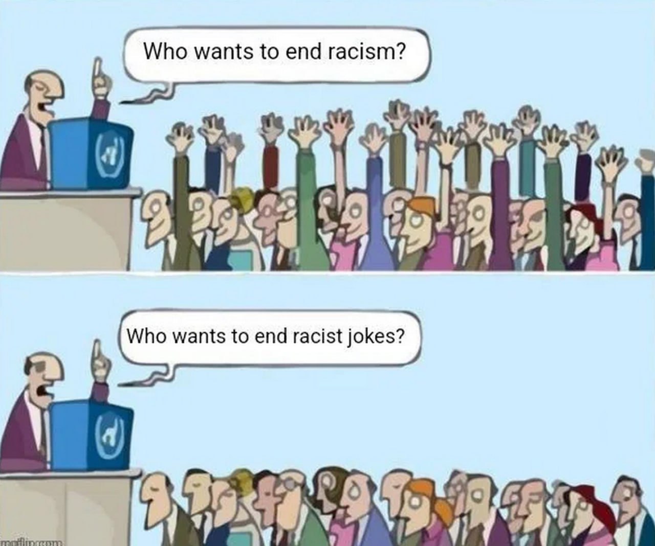 Who wants to end racist jokes? Мужчина выступает на трибуне перед толпой, задавая вопросы о расизме и расистских шутках, на которые толпа реагирует по-разному.
