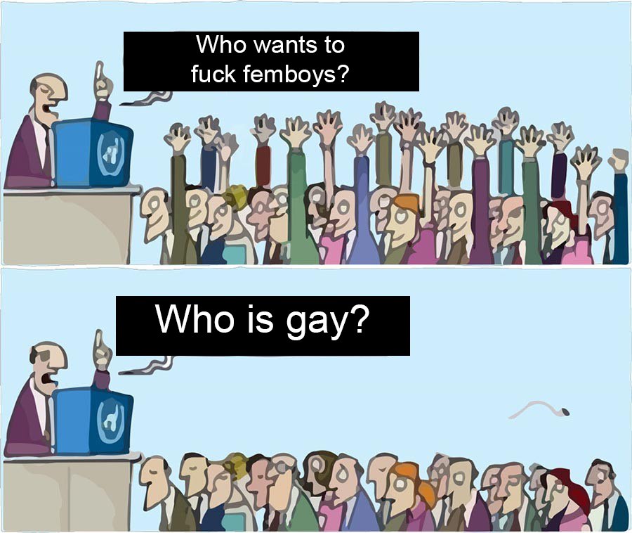 Who wants to fuck femboys? Who is gay? Мем, где выступающий спрашивает "Who wants to fuck femboys?" и толпа поднимает руки, а затем на вопрос "Who is gay?" никто не поднимает руки.