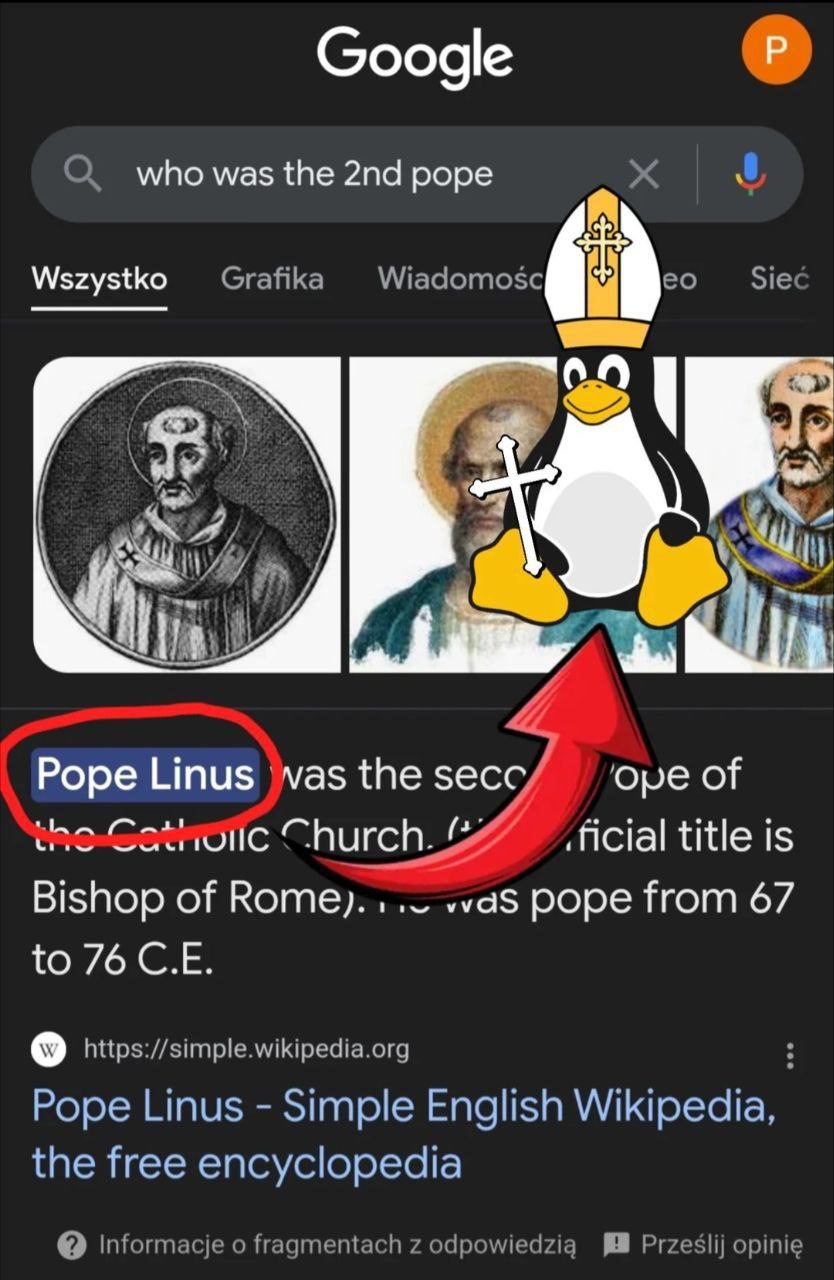 Пингвин Linux в образе папы римского указывает на ответ Google: вторым папой был Pope Linus.
