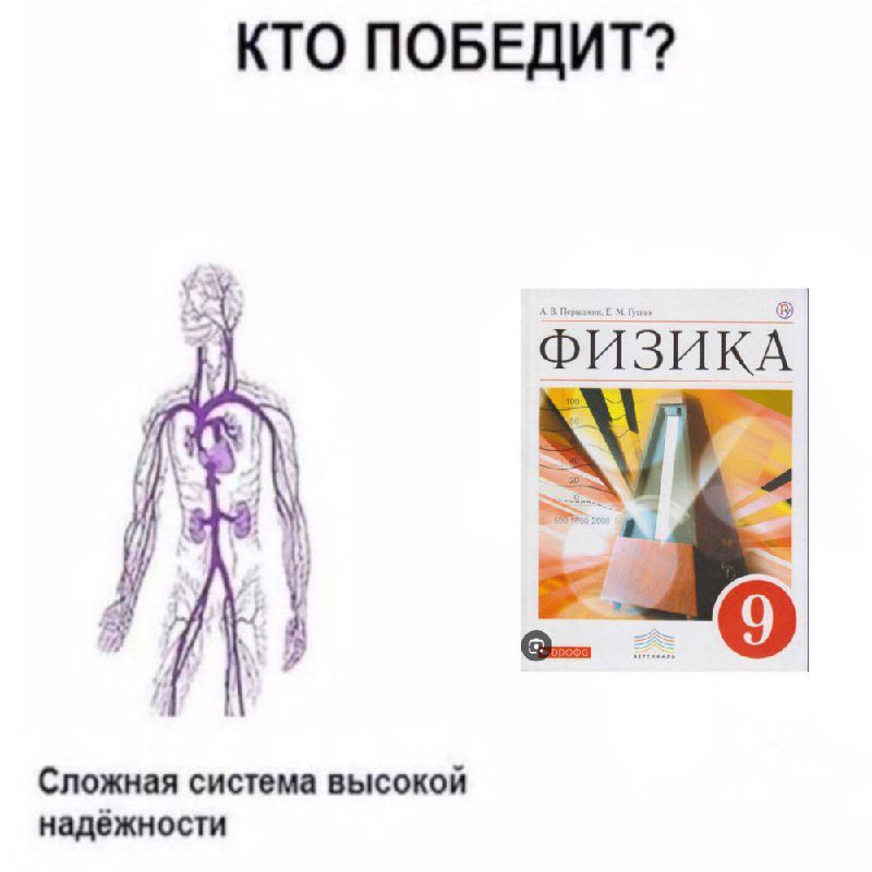 Кто победит? Сложная система высокой надёжности и физика Мем "Кто победит?" с кровеносной системой человека и учебником по физике за 9 класс.