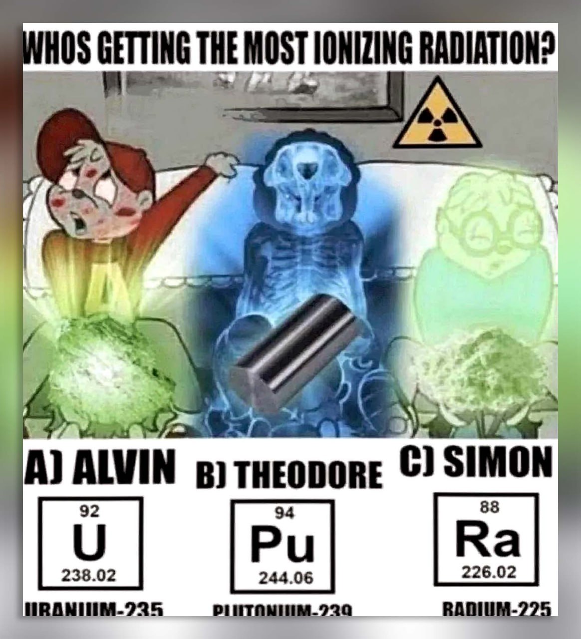 Whos getting the most ionizing radiation Мем «Кто получает больше ионизирующего излучения?» с Элвином, Теодором и Саймоном из бурундуков, каждый из которых светится разными цветами, и химическими элементами под ними.