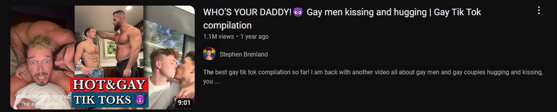 WHO'S YOUR DADDY! Gay men kissing and hugging Мем со скриншотом экрана YouTube с видео "WHO'S YOUR DADDY! Gay men kissing and hugging | Gay Tik Tok compilation" и превью, изображающим различных мужчин.